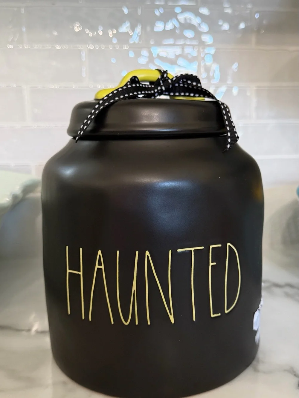 Rae Dunn Black Halloween Jar with Yellow Lettering